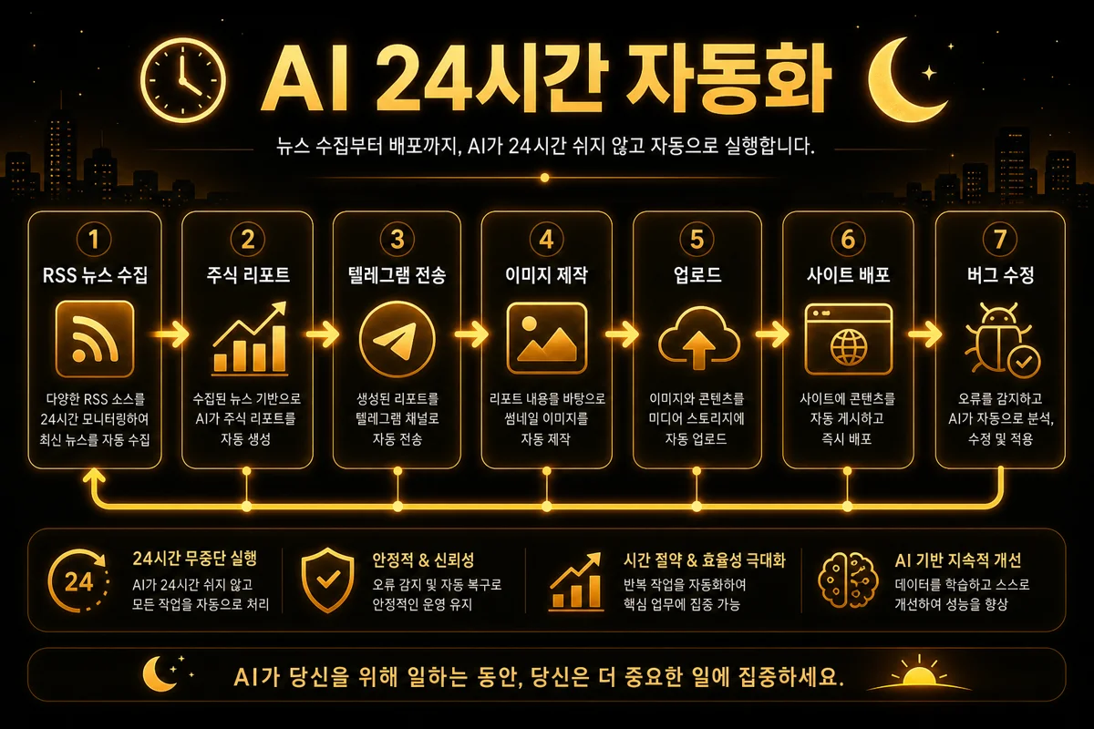 24시간 AI 자동화 맵 — RSS, 주식 리포트, 텔레그램, 이미지·음악 업로드