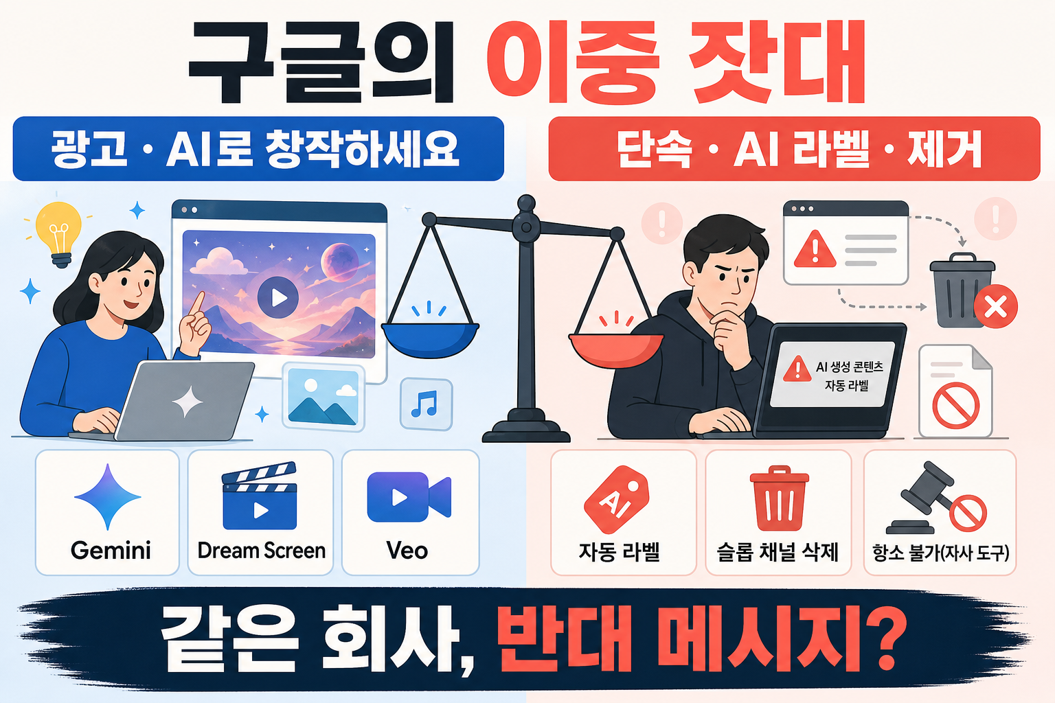 AI 창작 광고와 AI 콘텐츠 단속의 이중 잣대를 상징하는 일러스트