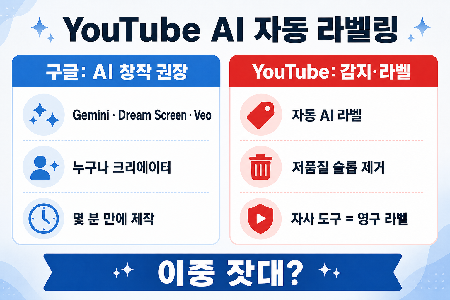 구글 AI 창작 권장과 유튜브 AI 라벨 단속의 대비를 보여 주는 일러스트