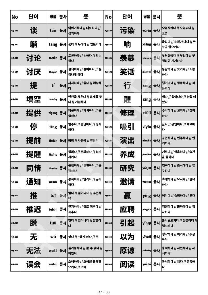 HSK 4급 단어 HSK 중국어 시험 4급 단어 목록 단어장 37